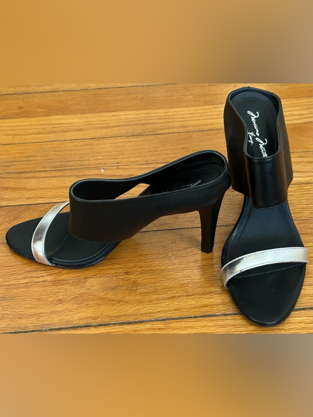 Massimo Matteo Italian Leather Black Silver Open-Toe Spike Heels sz 9 Italy